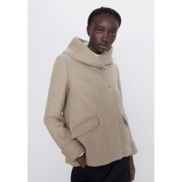 Zara Wool Blend Hooded Coat in Tan - Picture 2 of 7